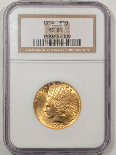 $10 1914 $10 INDIAN GOLD EAGLE – NGC MS-61, LUSTROUS!