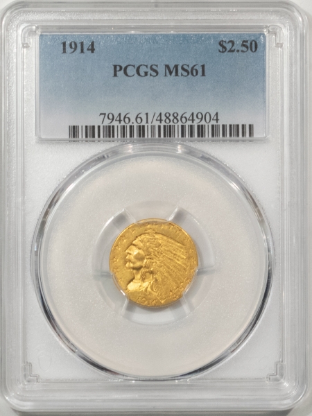 $2.50 1914 $2.50 INDIAN GOLD QUARTER EAGLE – PCGS MS-61, TOUGH DATE, AFFORDABLE GRADE!