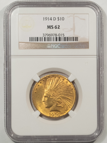 $10 1914-D $10 INDIAN GOLD EAGLE – NGC MS-62, ORIGINAL DENVER MINT GOLD!