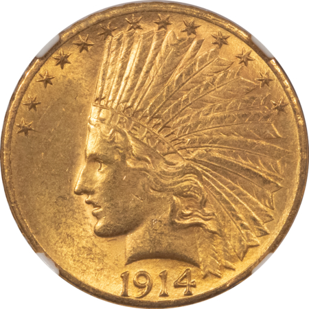 $10 1914-D $10 INDIAN GOLD EAGLE – NGC MS-62, ORIGINAL DENVER MINT GOLD!