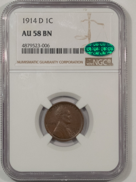 CAC Approved Coins 1914-D LINCOLN CENT – NGC AU-58 BN, PREMIUM QUALITY! CAC APPROVED!