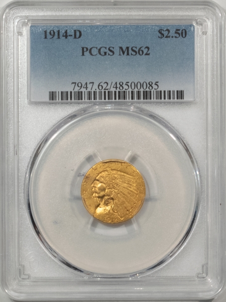 $2.50 1914-D $2.50 INDIAN GOLD QUARTER EAGLE – PCGS MS-62, TOUGH DATE!