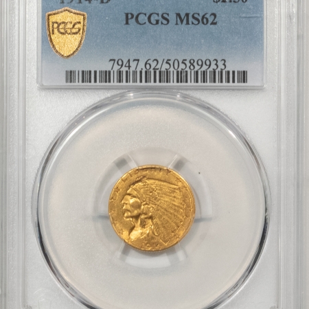 $2.50 1914-D $2.50 INDIAN GOLD QUARTER EAGLE – PCGS MS-62, BETTER DATE!