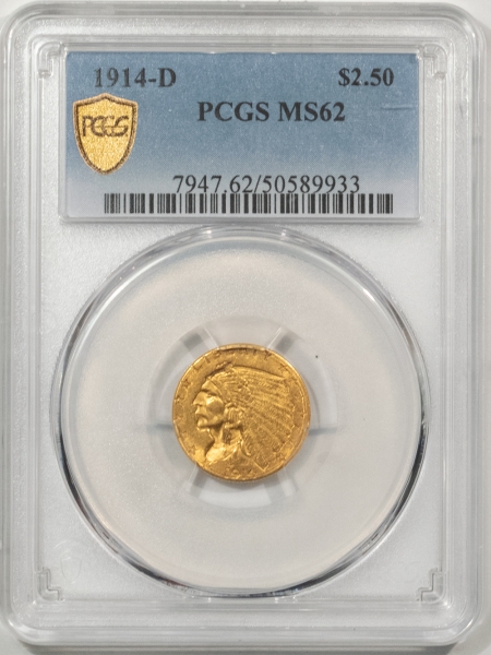 $2.50 1914-D $2.50 INDIAN GOLD QUARTER EAGLE – PCGS MS-62, BETTER DATE!