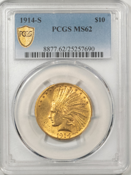 $10 1914-S $10 INDIAN GOLD EAGLE – PCGS MS-62, SCARCE! FRESH W/ ORIGINAL LUSTER!