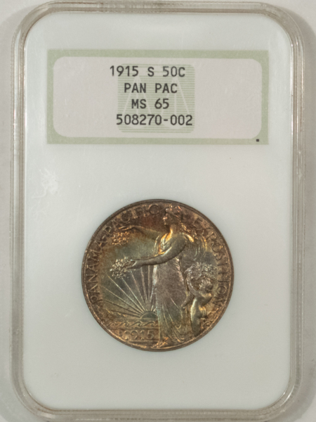 New Certified Coins 1915-S PAN-PAC COMMEMORATIVE HALF DOLLAR – NGC MS-65, FATTY! PQ, PRETTY TONING!