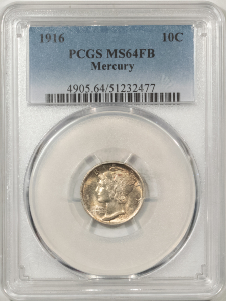 Mercury Dimes 1916 MERCURY DIME – PCGS MS-64 FB, NICE ORIGINAL FIRST-YEAR MERCURY