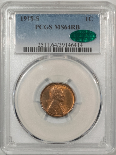 CAC Approved Coins 1918-S LINCOLN CENT – PCGS MS-64 RB, PREMIUM QUALITY! CAC APPROVED!