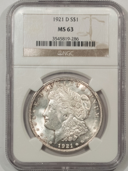 Morgan Dollars 1921-D $1 MORGAN DOLLAR – NGC MS-63, BLAST WHITE!