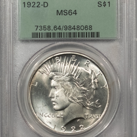 New Certified Coins 1922-D $1 PEACE DOLLAR – PCGS MS-64 HEADLIGHT! OLD GREEN HOLDER, PREMIUM QUALITY