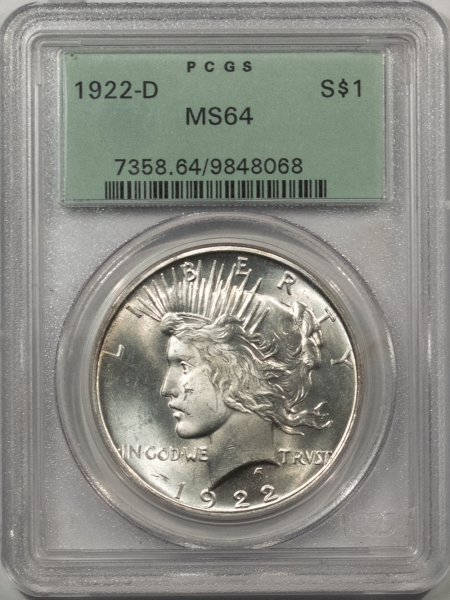 New Certified Coins 1922-D $1 PEACE DOLLAR – PCGS MS-64 HEADLIGHT! OLD GREEN HOLDER, PREMIUM QUALITY