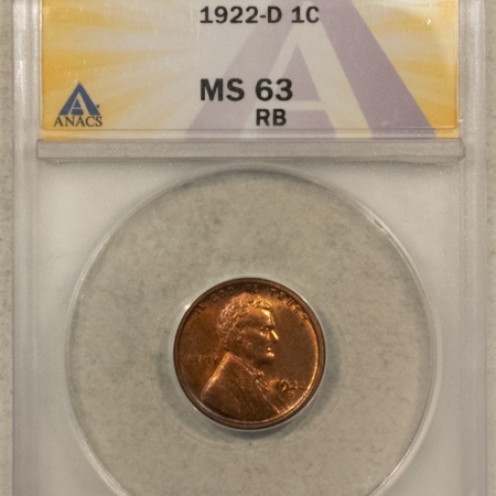 Lincoln Cents (Wheat) 1922-D LINCOLN CENT – ANACS MS-63 RB, CHOICE!