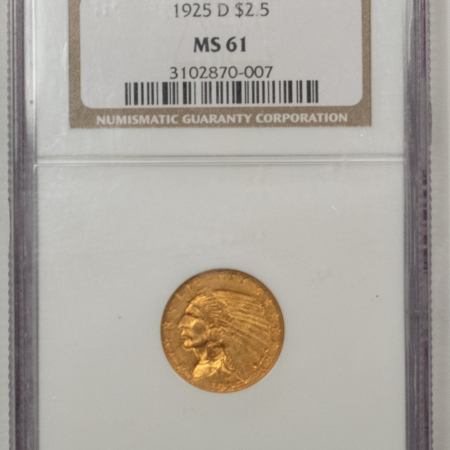 $2.50 1925-D $2.50 INDIAN GOLD QUARTER EAGLE – NGC MS-61, NICE ORIGINAL