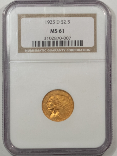 $2.50 1925-D $2.50 INDIAN GOLD QUARTER EAGLE – NGC MS-61, NICE ORIGINAL