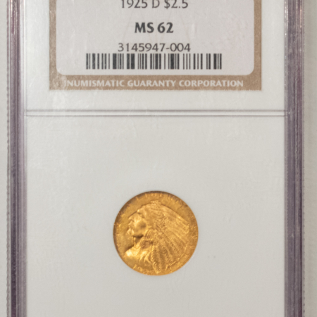 $2.50 1925-D $2.50 INDIAN GOLD, NGC MS-62, LUSTROUS AND VIRTUALLY CHOICE!