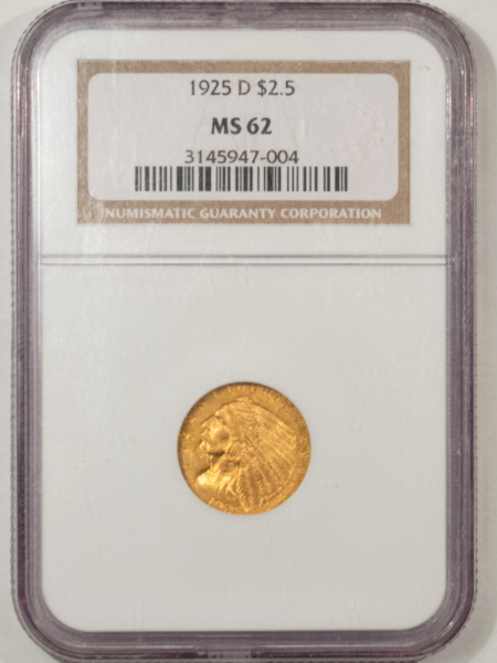 $2.50 1925-D $2.50 INDIAN GOLD, NGC MS-62, LUSTROUS AND VIRTUALLY CHOICE!