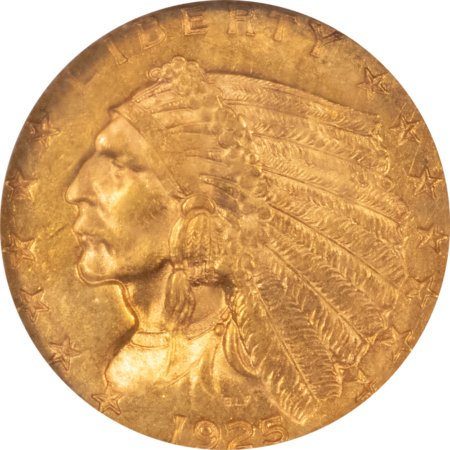 $2.50 1925-D $2.50 INDIAN GOLD, NGC MS-62, LUSTROUS AND VIRTUALLY CHOICE!