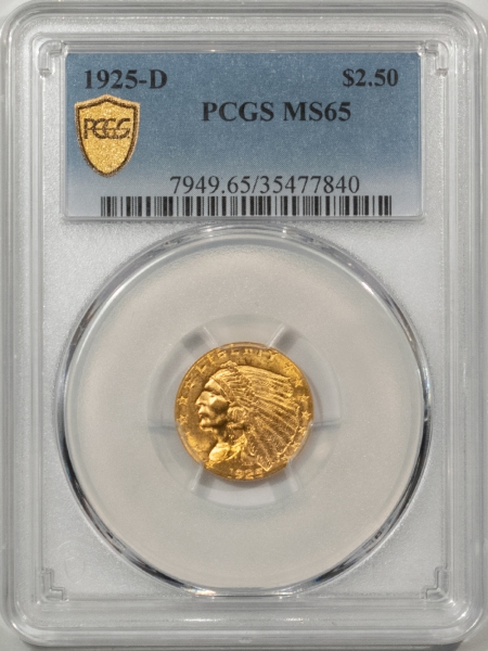 $2.50 1925-D $2.50 INDIAN GOLD QUARTER EAGLE – PCGS MS-65, BLAZING LUSTROUS GEM!