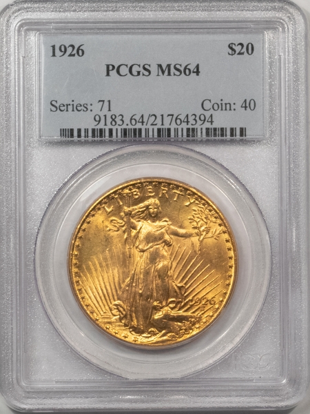 $20 1926 $20 ST GAUDENS GOLD DOUBLE EAGLE – PCGS MS-64, LUSTROUS & PREMIUM QUALITY!