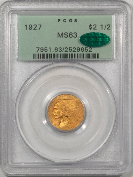 $2.50 1927 $2.50 INDIAN GOLD QUARTER EAGLE – PCGS MS-63, LUSTROUS, OGH, PQ & CAC!