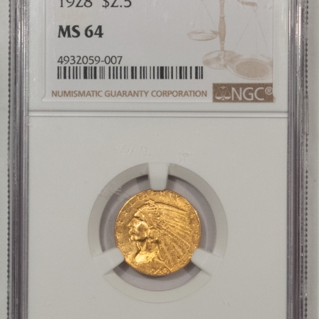 $2.50 1928 $2.50 INDIAN GOLD QUARTER EAGLE – NGC MS-64, LUSTROUS!