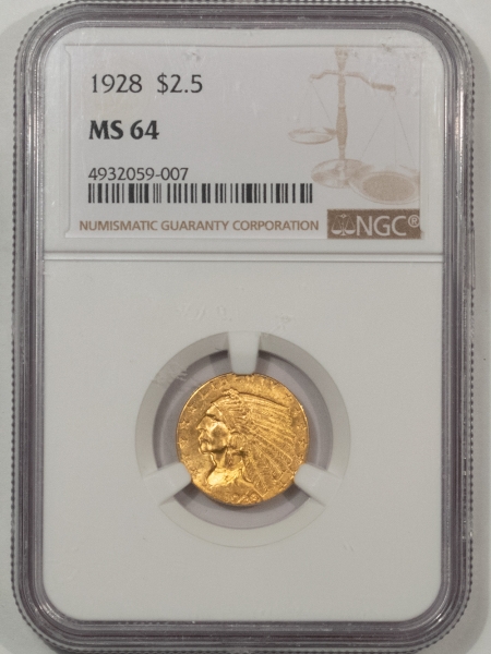 $2.50 1928 $2.50 INDIAN GOLD QUARTER EAGLE – NGC MS-64, LUSTROUS!