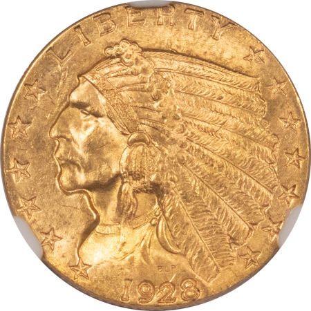 $2.50 1928 $2.50 INDIAN GOLD QUARTER EAGLE – NGC MS-64, LUSTROUS!