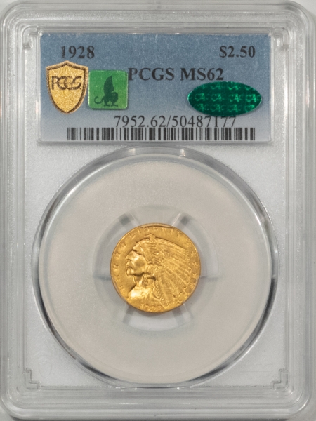 $2.50 1928 $2.50 INDIAN GOLD QUARTER EAGLE – PCGS MS-62 PREMIUM QUALITY, CAC APPROVED!