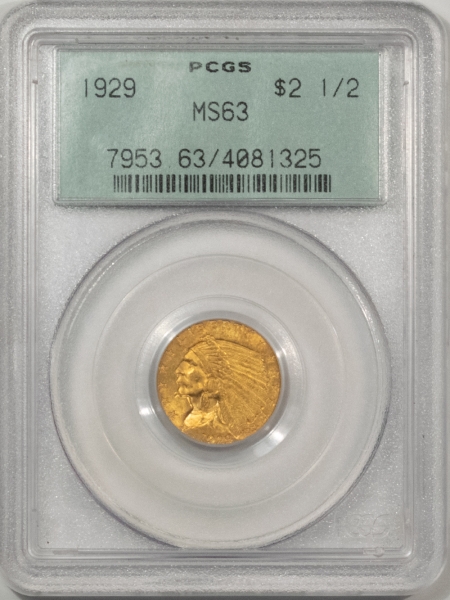 $2.50 1929 $2.50 INDIAN GOLD QUARTER EAGLE – PCGS MS-63, OLD GREEN HOLDER, PQ!