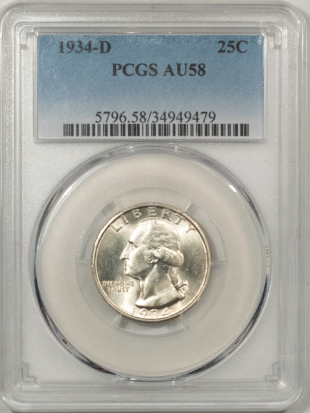 New Certified Coins 1934-D WASHINGTON QUARTER – PCGS AU-58, BLAST WHITE, LOOKS CHOICE!