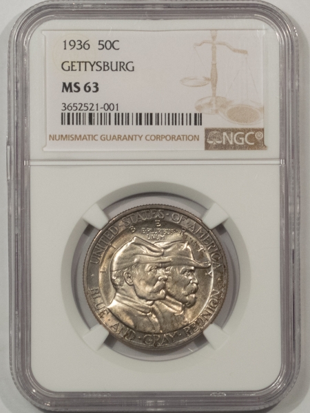 New Certified Coins 1936 GETTYSBURG COMMEMORATIVE HALF DOLLAR – NGC MS-63, CHOICE!