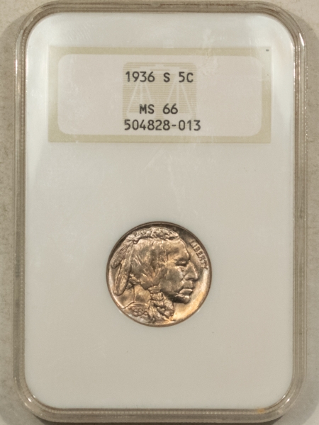 Buffalo Nickels 1936-S BUFFALO NICKEL – NGC MS-66, PREMIUM QUALITY! FATTIE HOLDER!