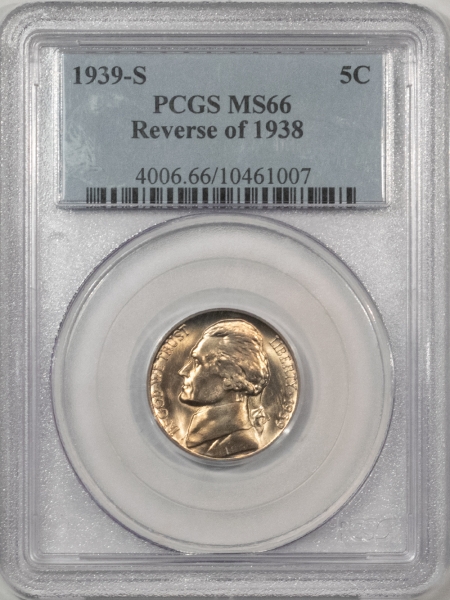 Jefferson Nickels 1939-S JEFFERSON NICKEL, REVERSE OF 1938 – PCGS MS-66