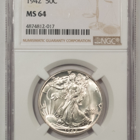 New Certified Coins 1942 WALKING LIBERTY HALF DOLLAR – NGC MS-64, BLAST WHITE & PREMIUM QUALITY!