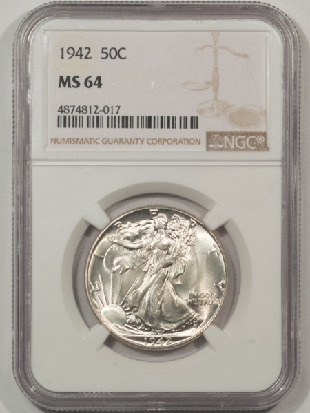 New Certified Coins 1942 WALKING LIBERTY HALF DOLLAR – NGC MS-64, BLAST WHITE & PREMIUM QUALITY!