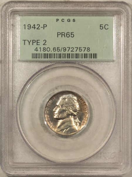 Jefferson Nickels 1942-P PROOF JEFFERSON NICKEL, TY 2 PCGS PR-65 OLD GREEN HOLDER PREMIUM QUALITY!