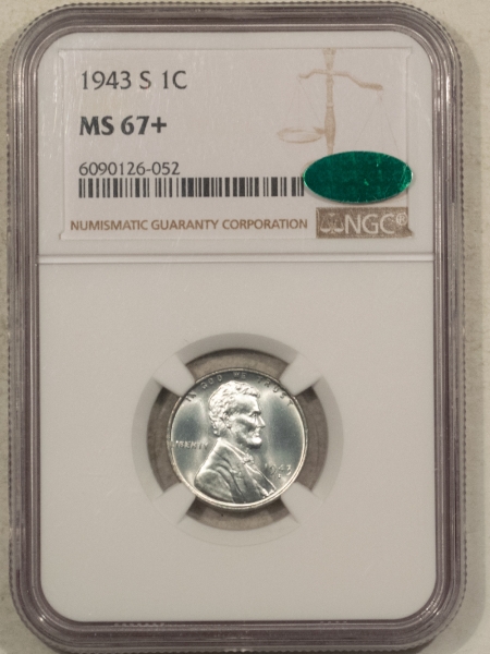 CAC Approved Coins 1943-S LINCOLN CENT – NGC MS-67+, PREMIUM QUALITY++! CAC APPROVED!