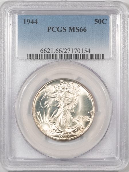 New Certified Coins 1944 WALKING LIBERTY HALF DOLLAR – PCGS MS-66, WHITE HEADLIGHT! SUPERB!