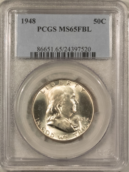 Franklin Halves 1948 FRANKLIN HALF DOLLAR – PCGS MS-65 FBL, A PREMIUM QUALITY GEM!