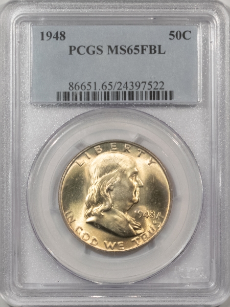 Franklin Halves 1948 FRANKLIN HALF DOLLAR – PCGS MS-65 FBL, NICE COIN BUT CHIPPED HOLDER!