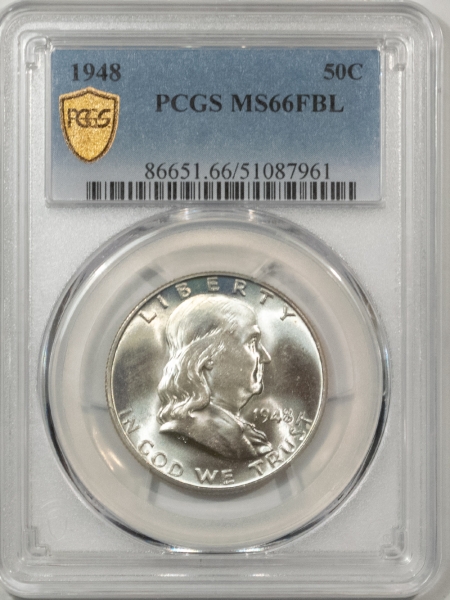 Franklin Halves 1948 FRANKLIN HALF DOLLAR – PCGS MS-66 FBL, BLAST WHITE, PREMIUM QUALITY GEM!