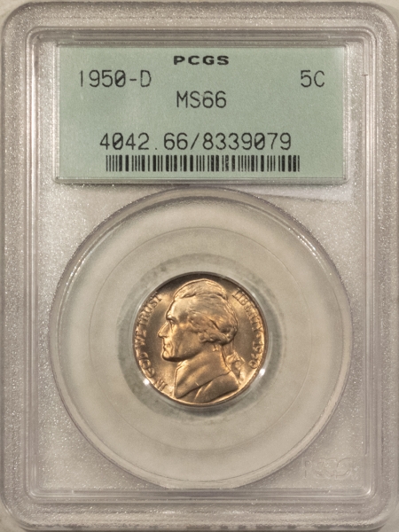 Jefferson Nickels 1950-D JEFFERSON NICKEL – PCGS MS-66, LOOKS MS-67! OLD GREEN HOLDER!