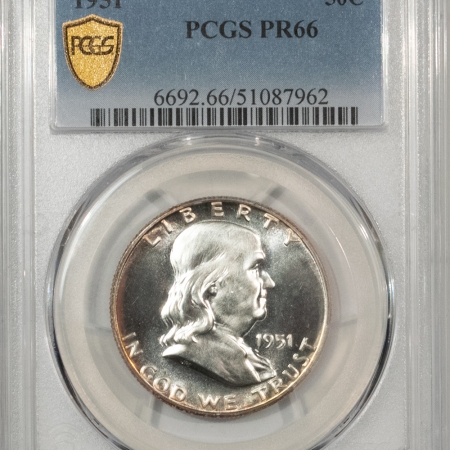 Franklin Halves 1951 PROOF FRANKLIN HALF DOLLAR – PCGS PR-66, PREMIUM QUALITY! ALMOST CAMEO!