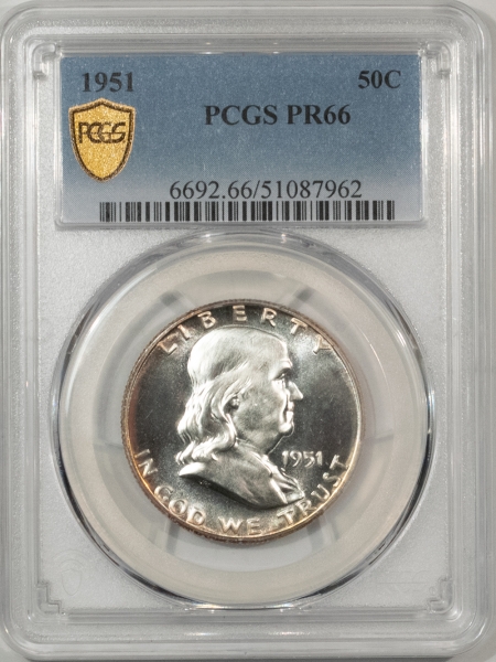 Franklin Halves 1951 PROOF FRANKLIN HALF DOLLAR – PCGS PR-66, PREMIUM QUALITY! ALMOST CAMEO!