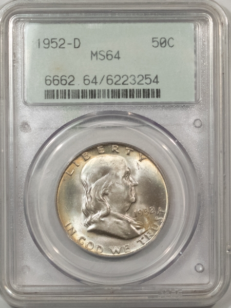 Franklin Halves 1952-D FRANKLIN HALF DOLLAR – PCGS MS-64, EARLY 2 PC RATTLER, PREMIUM QUALITY!