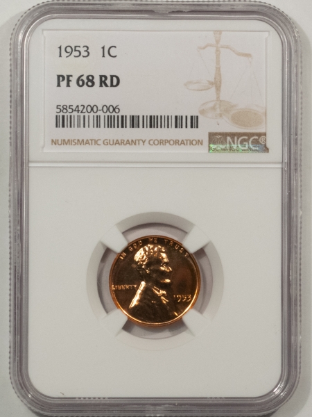 Lincoln Cents (Wheat) 1953 PROOF LINCOLN CENT – NGC PF-68 RD, VIRTUALLY PERFECT EARLY PROOF!