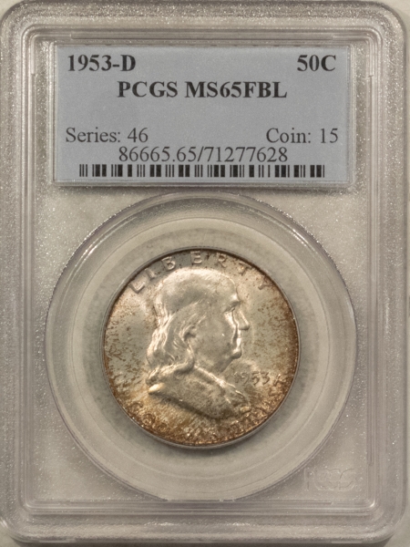 Franklin Halves 1953-D FRANKLIN HALF DOLLAR – PCGS MS-65 FBL, ORIGINAL MINT SET TONING! PQ!