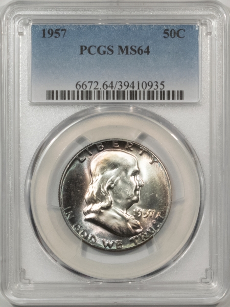 Franklin Halves 1957 FRANKLIN HALF DOLLAR – PCGS MS-64, FATTIE HOLDER & PREMIUM QUALITY!