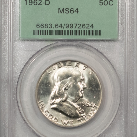 Franklin Halves 1962-D FRANKLIN HALF DOLLAR PCGS MS-64 OLD GREEN HOLDER, PREMIUM QUALITY BLAZER!