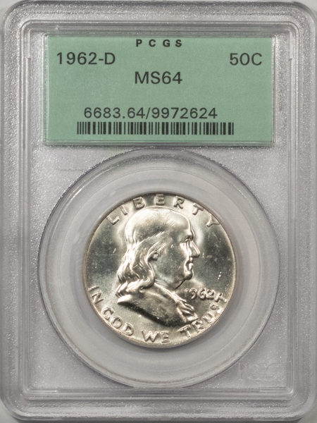 Franklin Halves 1962-D FRANKLIN HALF DOLLAR PCGS MS-64 OLD GREEN HOLDER, PREMIUM QUALITY BLAZER!